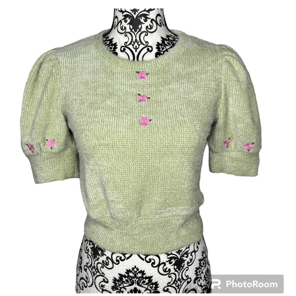 Zara Puff Sleeve embroidered Mint Green Sweater Medium - Picture 4 of 12